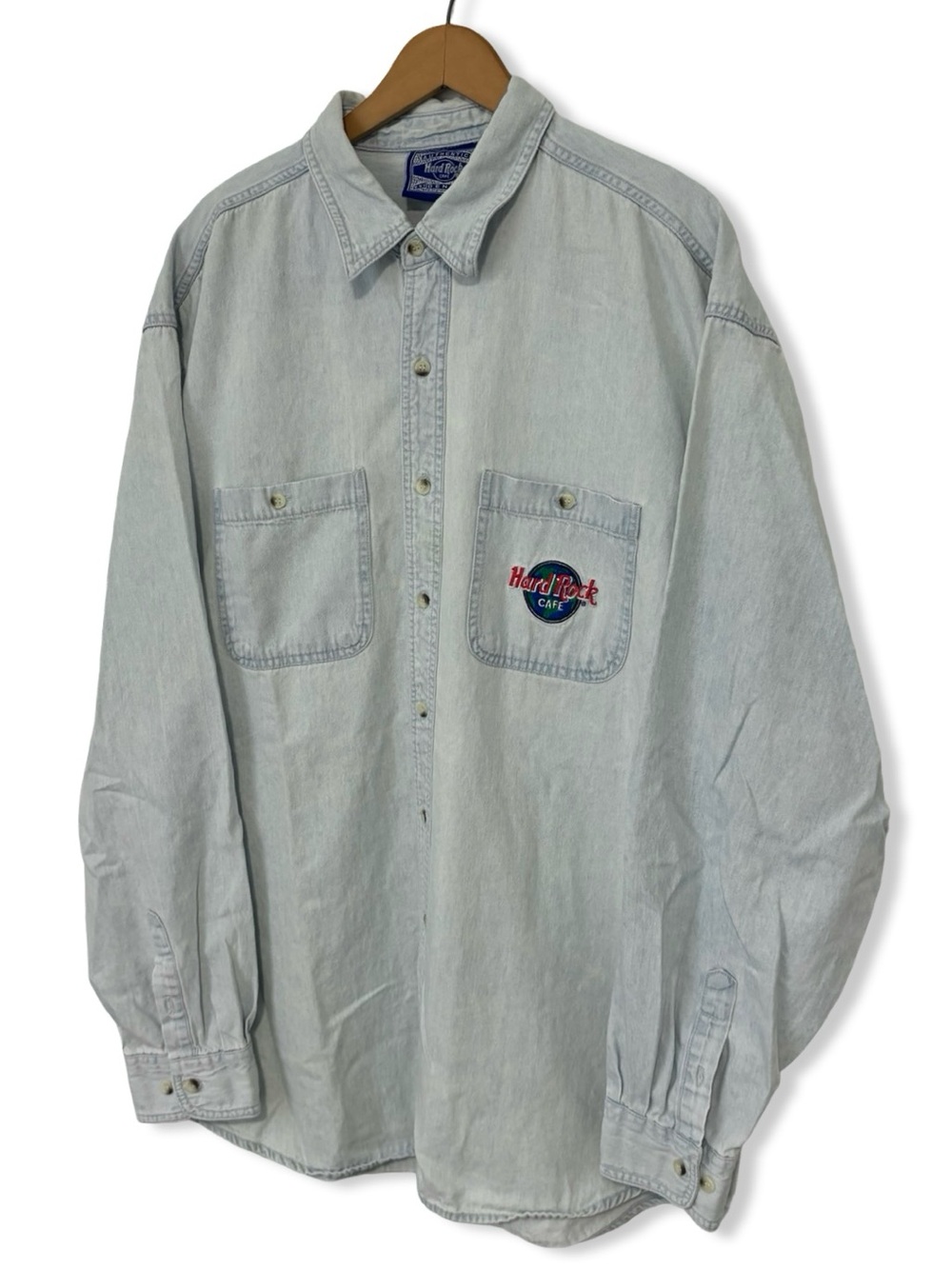 Vintage 90s Embroidered Hard Rock Cafe Light Blue Denim Button-Down Shirt